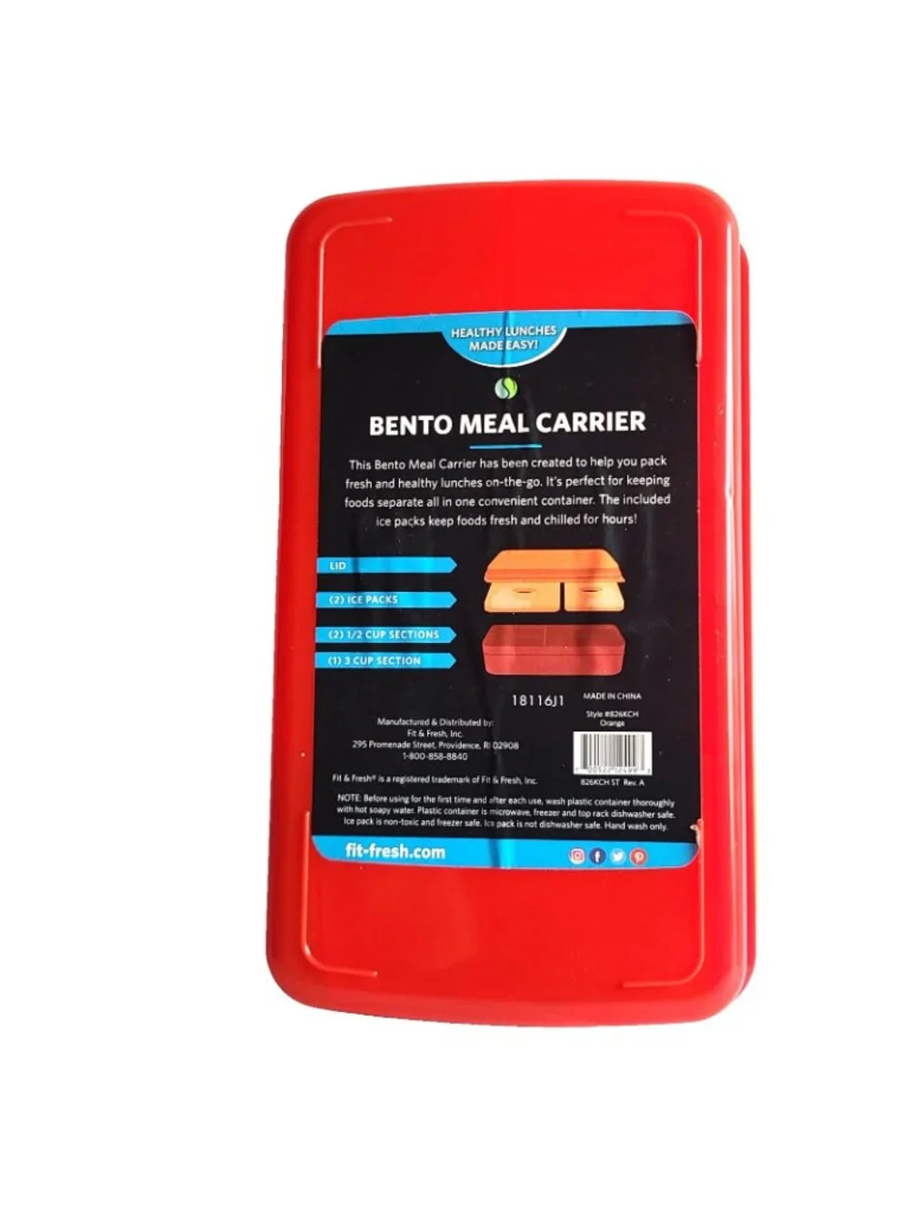 Fit & Fresh 4 Pc Bento Meal Carrier Red 2 Snap In Ice Packs 3 Section w Lid NEW